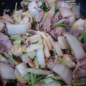 豚薄切り肉・白菜・かぶの葉のオイスターソース炒め